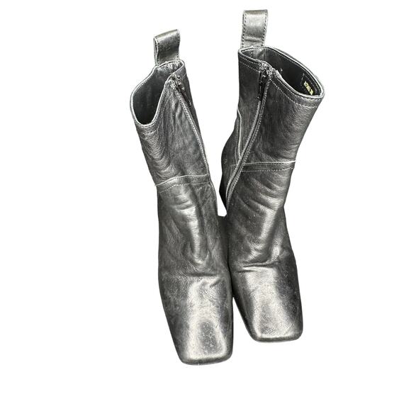 Napoleoni Black Side Zip Square Toe Block Heel‎ Leather Ankle Boots Size 8 - Picture 2 of 8